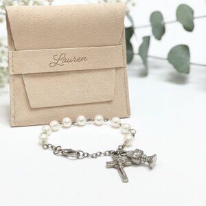Personalized First Communion Girl's Pearl Bracelet with Cross and Eucharist